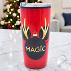 Termo Magia Nostálgica de acero inoxidable rojo con diseño navideño de Mickey Mouse y cuernos de reno