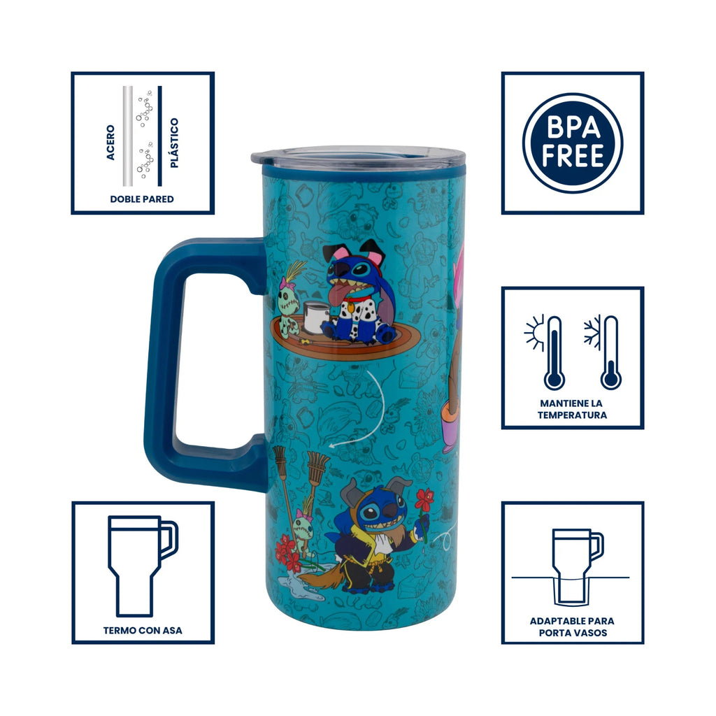 Termo Magia Nostálgica de 500ml con asa, diseño azul de Stitch, doble pared de acero inoxidable y tapa transparente
