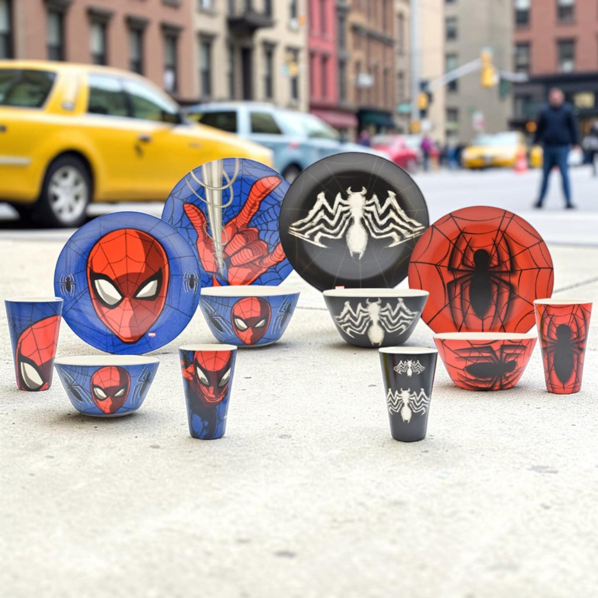 Vajilla Magia Nostálgica de 12 piezas de Spider-Man en fibra de bambú ecológica con platos, tazones y vasos