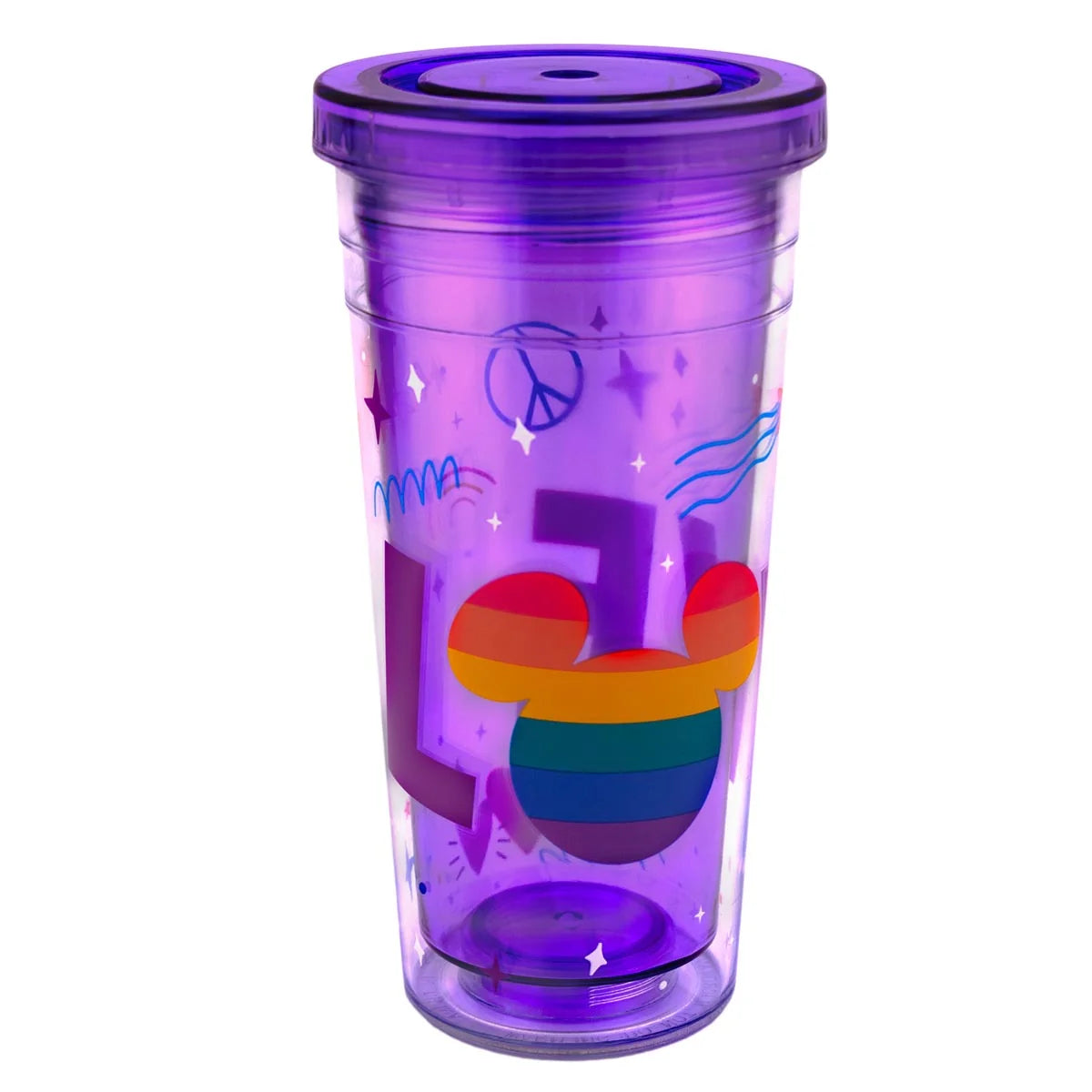 Vaso doble pared Magia Nostálgica color violeta con diseño de Mickey Mouse Pride y letras Love en acrílico de 500ml