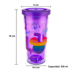 Vaso doble pared Magia Nostálgica color violeta con diseño de Mickey Mouse Pride y letras Love en acrílico de 500ml