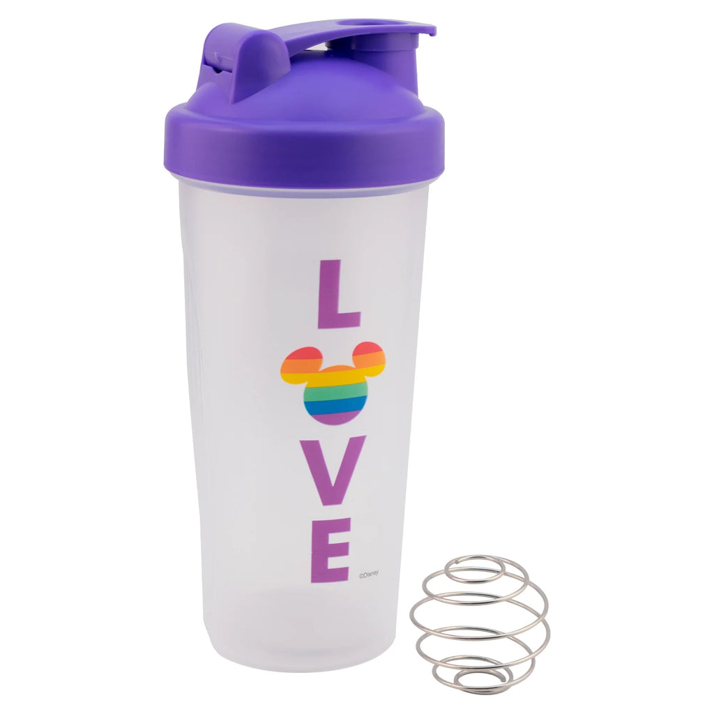 Vaso shaker Magia Nostálgica Disney Pride de 600ml con diseño Love y silueta de Mickey arcoíris, incluye bola mezcladora