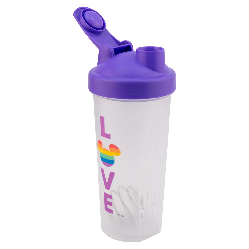 Vaso shaker Magia Nostálgica Disney Pride de 600ml con diseño Love y silueta de Mickey arcoíris, incluye bola mezcladora
