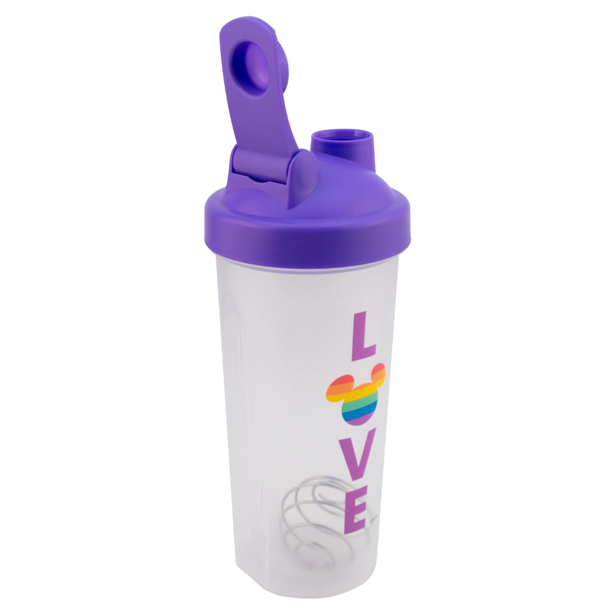Vaso shaker Magia Nostálgica Disney Pride de 600ml con diseño Love y silueta de Mickey arcoíris, incluye bola mezcladora