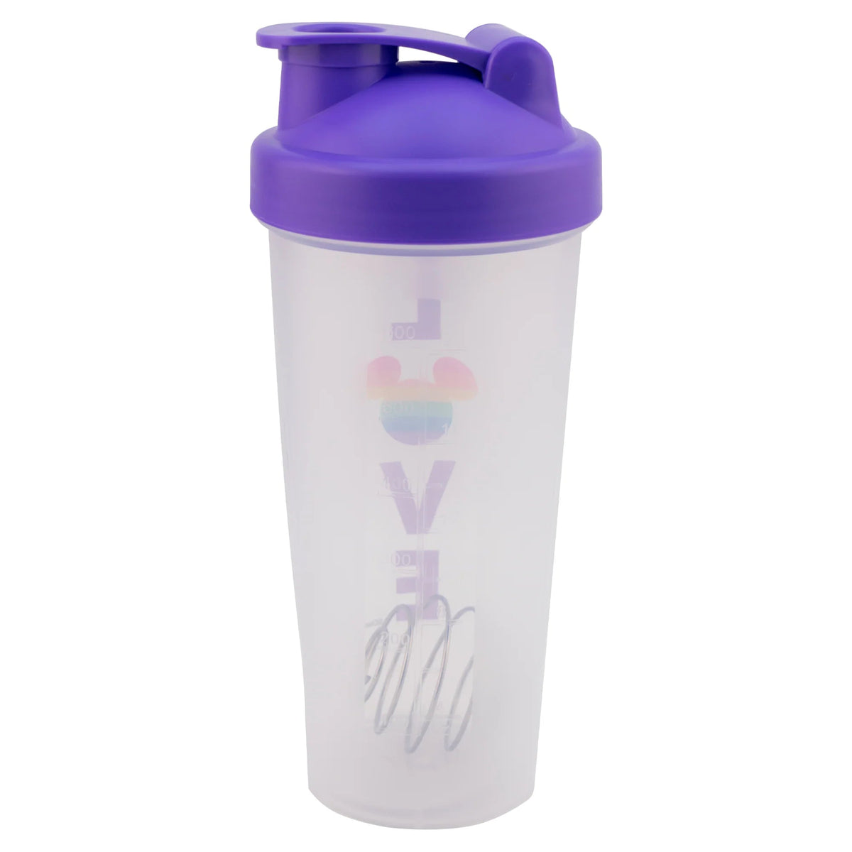 Vaso shaker Magia Nostálgica Disney Pride de 600ml con diseño Love y silueta de Mickey arcoíris, incluye bola mezcladora